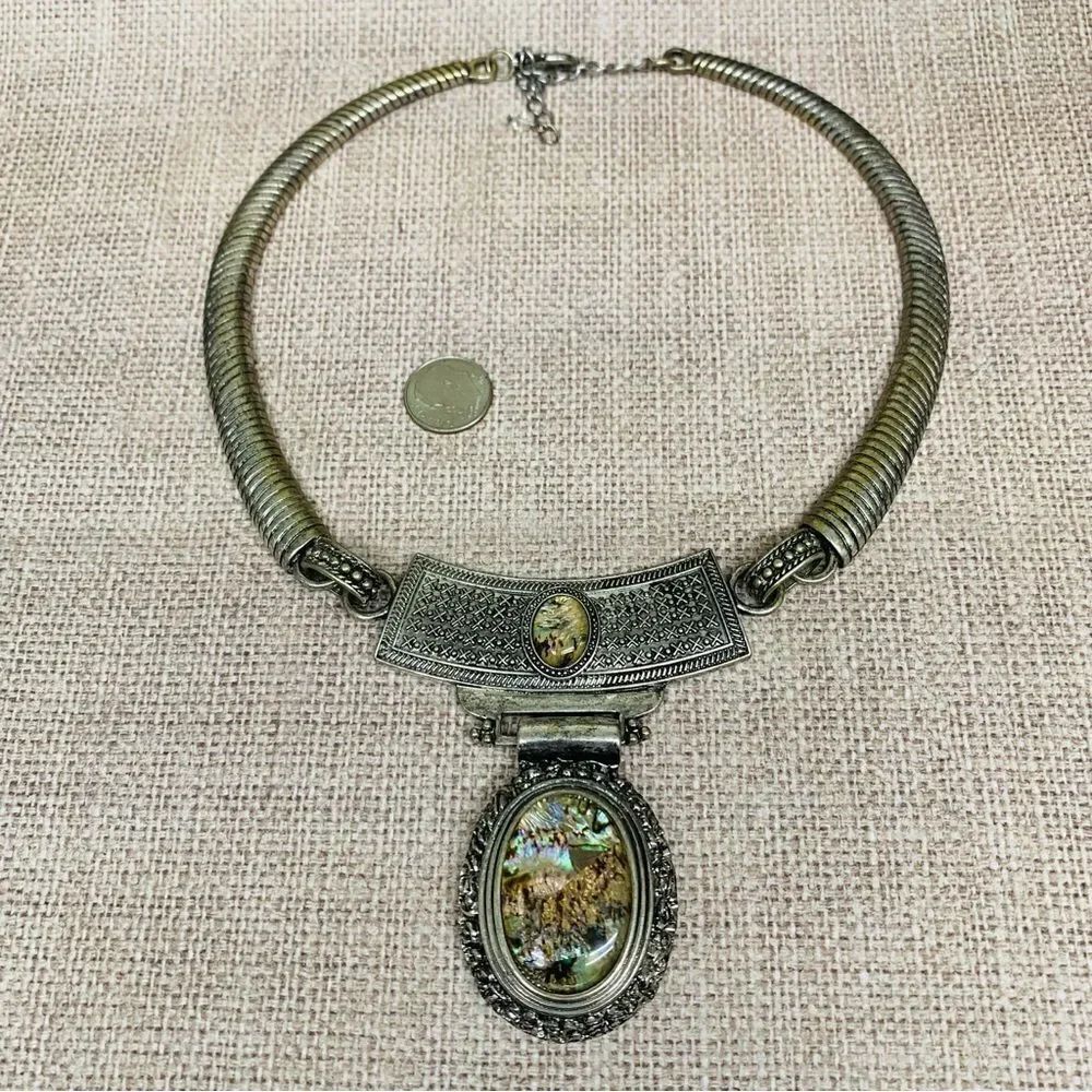 Silver Large Acrylic Shell Stone Medallion Collar Necklace